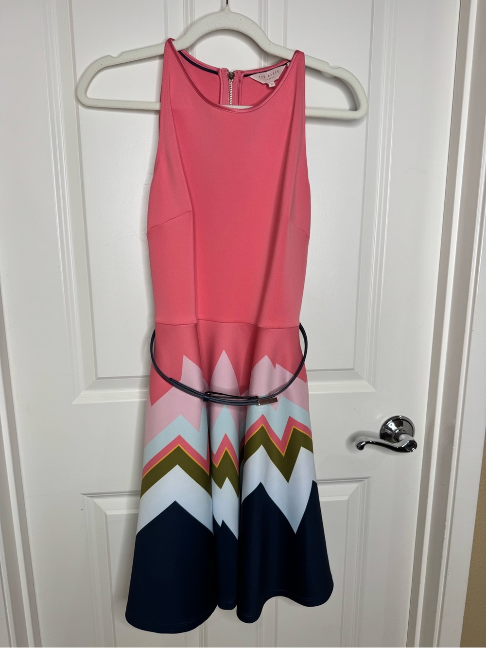 Ted Baker AURELLA Dress Size 2 Coral Chevron Fit Flare Belt Pockets